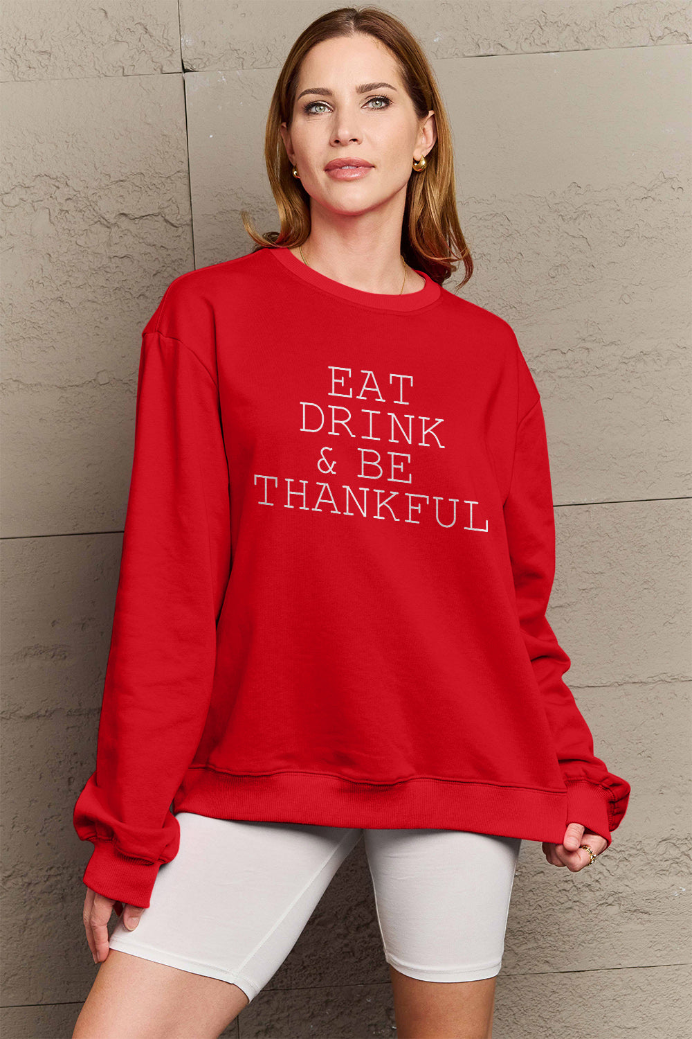 Simply Love Full Size EAT DRINK & BE THANKFUL Round Neck Sweatshirt