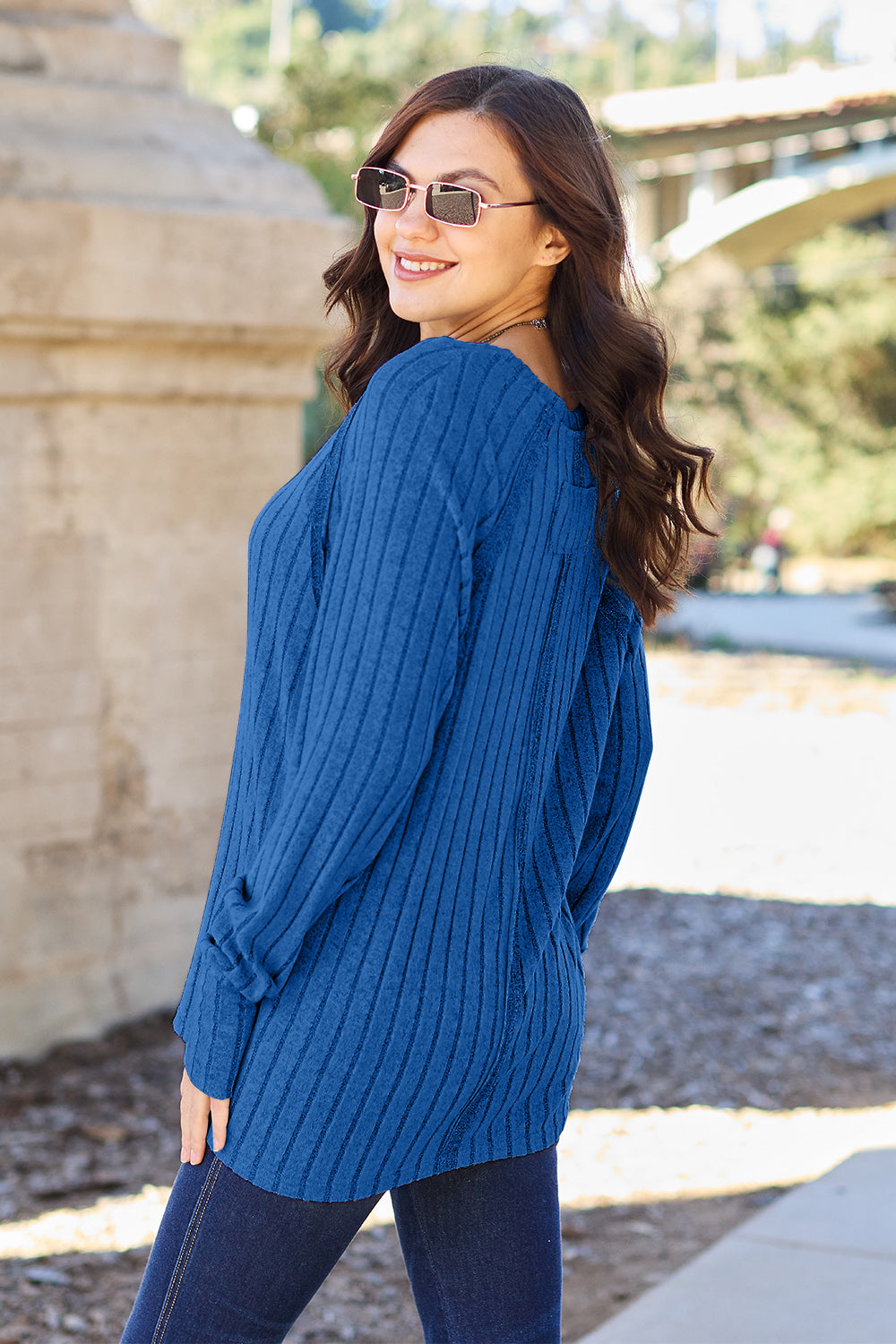 Basic Bae Full Size Ribbed Round Neck Long Sleeve Knit Top