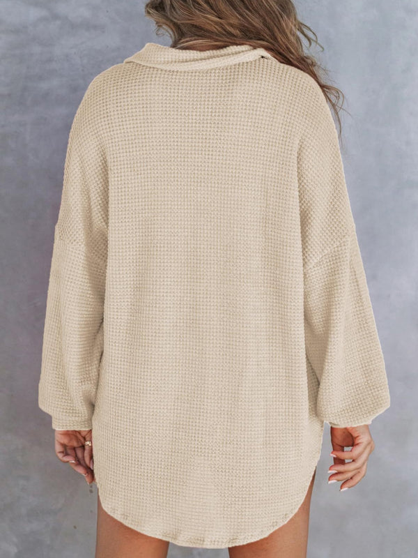 Waffle-Knit Dropped Shoulder Long Sleeve Sweatshirt