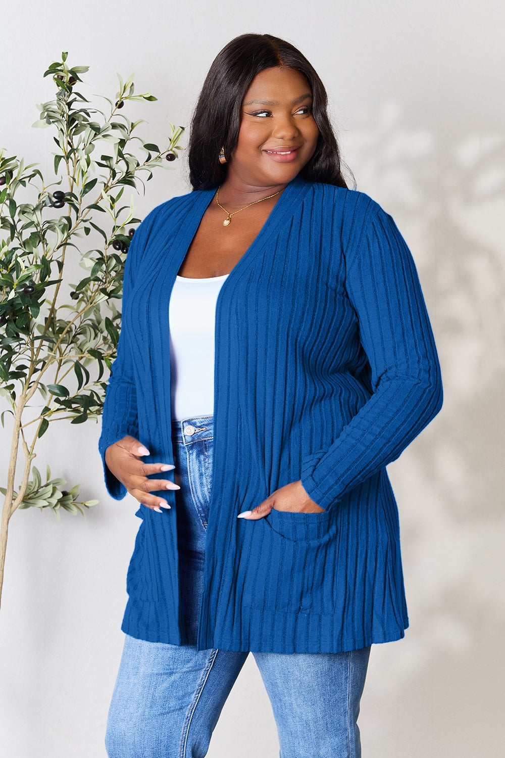 Basic Bae Full Size Ribbed Open Front Cardigan with Pockets