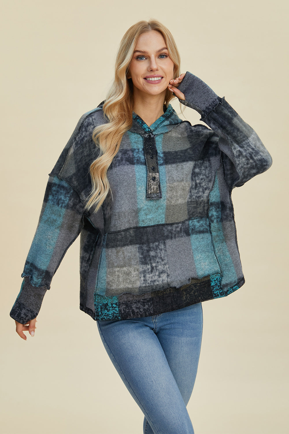 Double Take Full Size Plaid Dropped Shoulder Hoodie