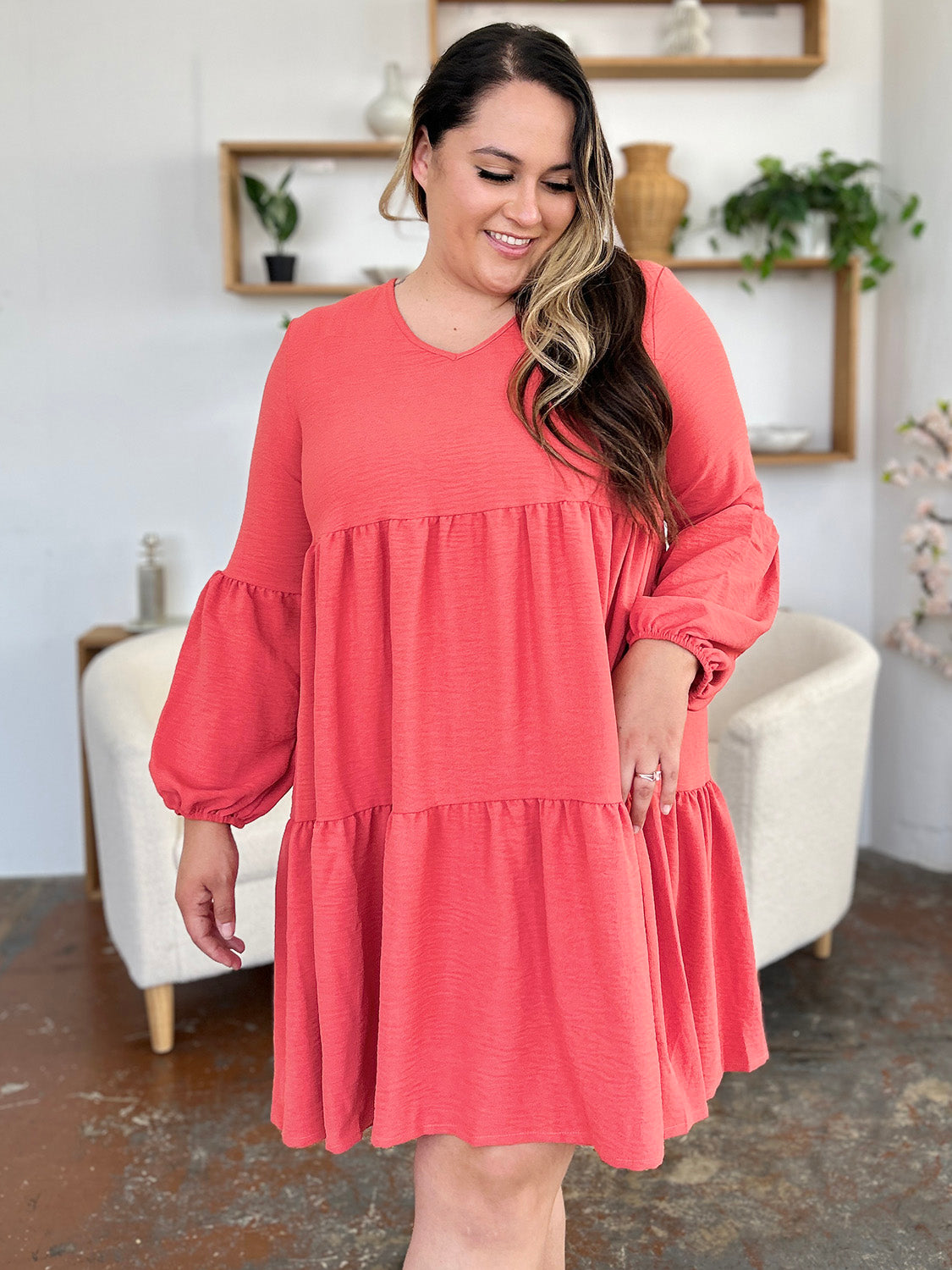 Double Take Full Size V-Neck Balloon Sleeve Tiered Dress with Pockets