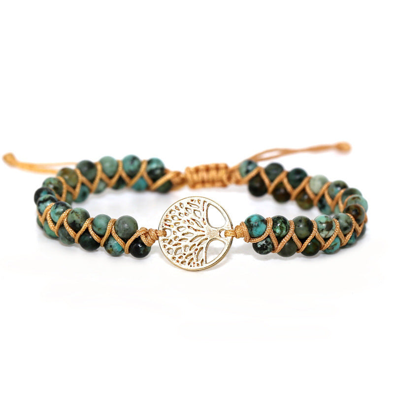 Natural AFRICAN TURQUOISE Stone Multi Layer Handmade Bracelet Double Row Beads 4mm Round Beads Tree Of Life Adjusting Bracelet