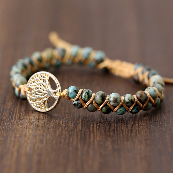 Natural AFRICAN TURQUOISE Stone Multi Layer Handmade Bracelet Double Row Beads 4mm Round Beads Tree Of Life Adjusting Bracelet