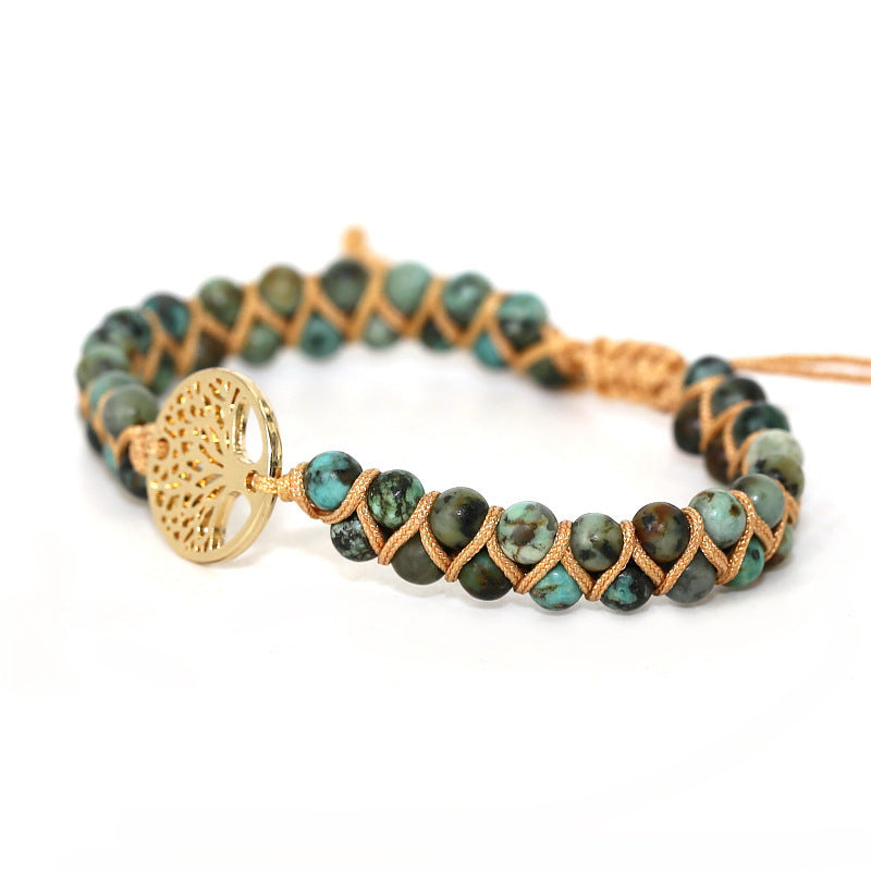 Natural AFRICAN TURQUOISE Stone Multi Layer Handmade Bracelet Double Row Beads 4mm Round Beads Tree Of Life Adjusting Bracelet