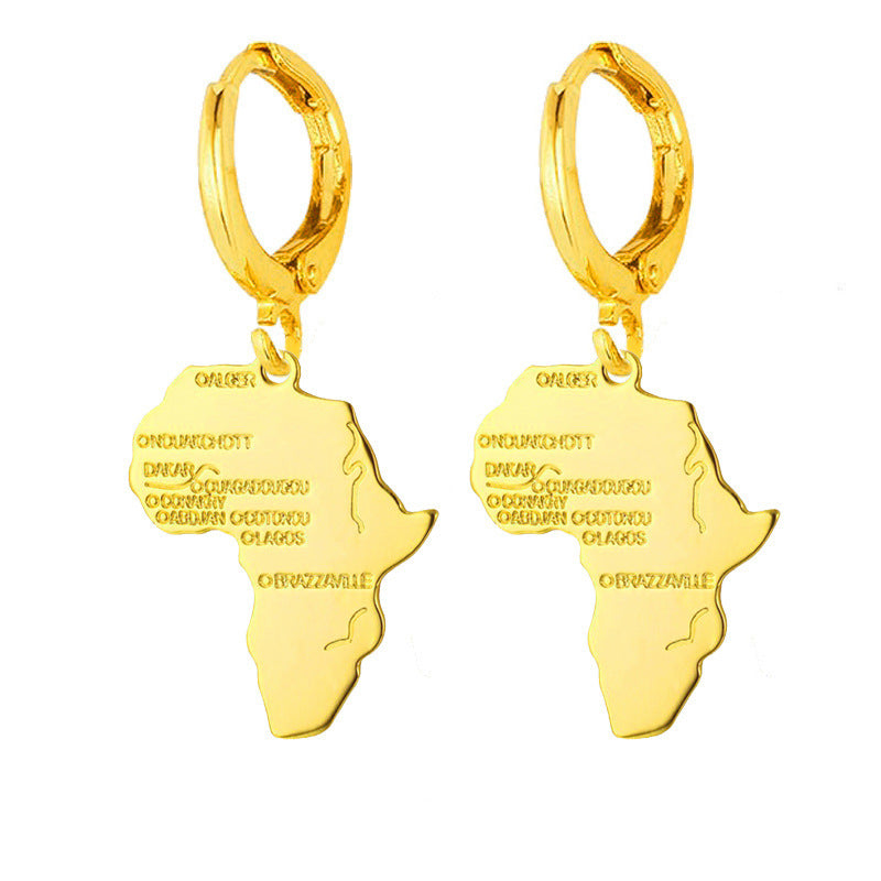 Copper Gilded Africa Map Earrings Hip Hop Rock