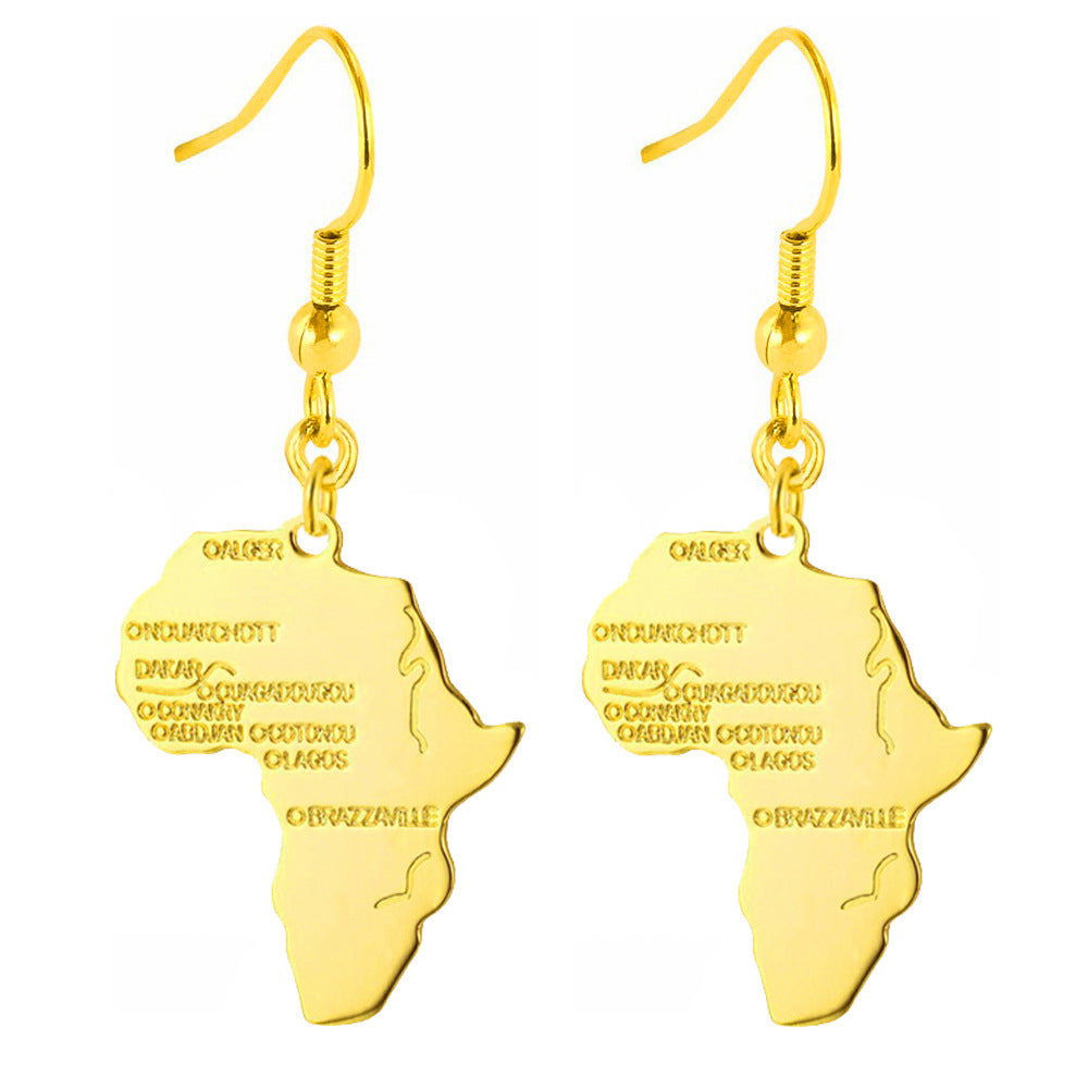 Copper Gilded Africa Map Earrings Hip Hop Rock