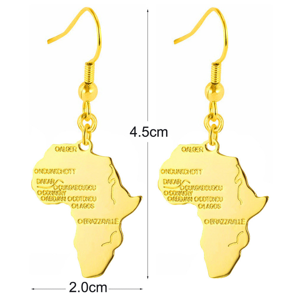 Copper Gilded Africa Map Earrings Hip Hop Rock