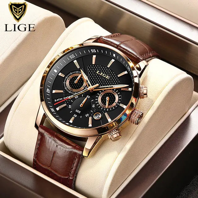 LIGE-relojes de cuarzo informales para hombre, pulsera de cuero de lujo, marca superior, novedad de 2023