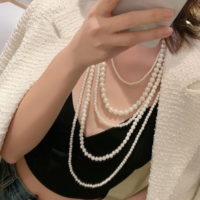 Women's Multi-layer Glass Pearl Necklace Long Sweater Chain Cheongsam Decoration Classic Style