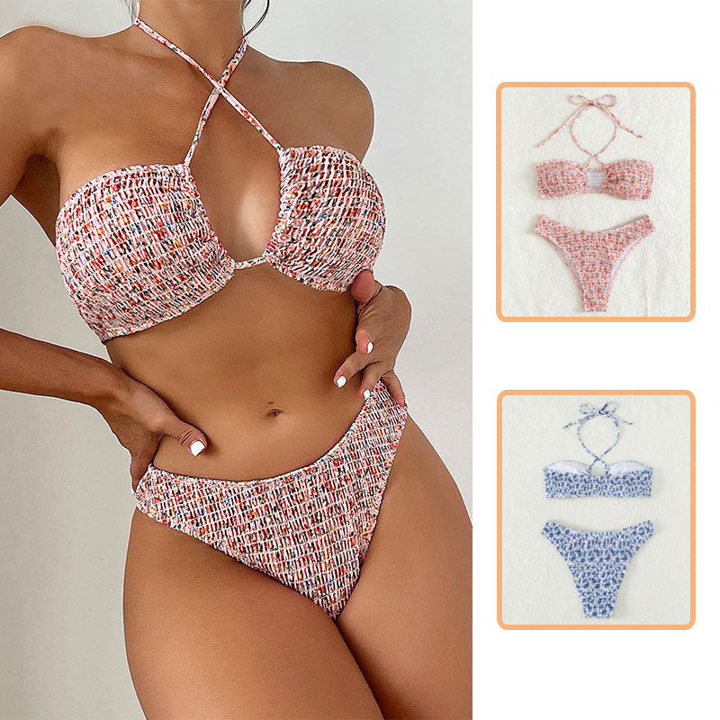 Conjunto de bikini con diseño plisado y estampado de flores de verano, traje de baño con cuello Halter a la moda para playa, ropa para mujer