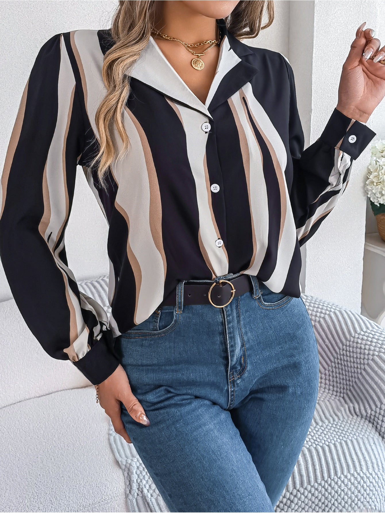 Casual Versatile Contrasting Striped Long Sleeved Shirt