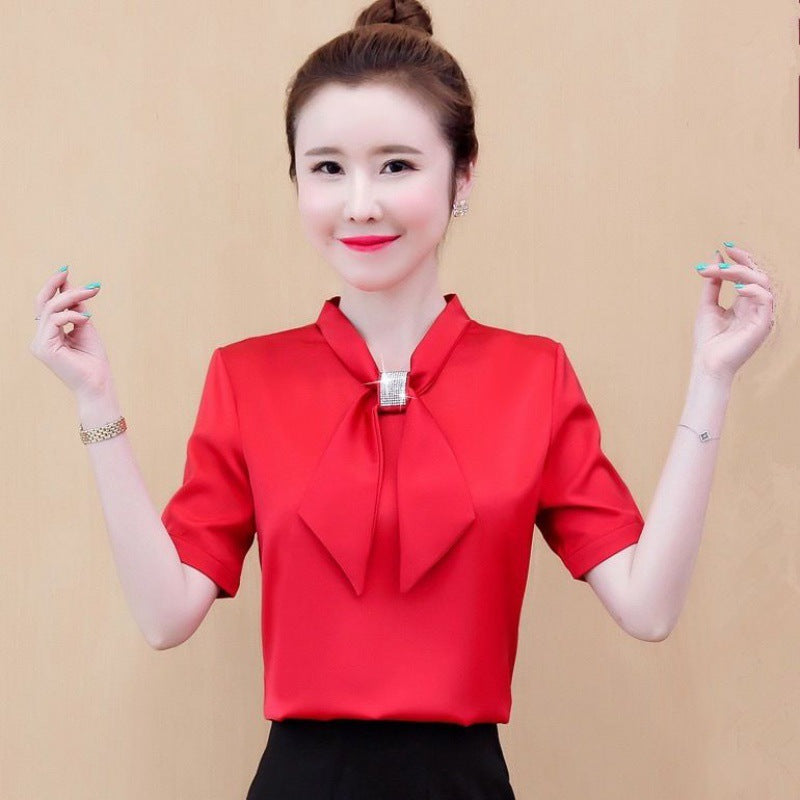 Satin V-Neck Business Temperament Shirt Long Sleeve Bow Solid Color Bow Diamond Top