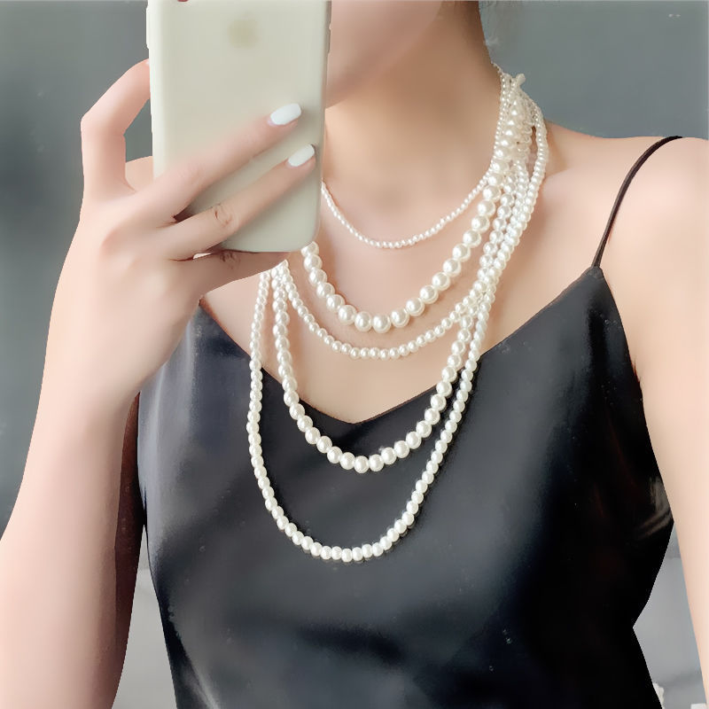 Women's Multi-layer Glass Pearl Necklace Long Sweater Chain Cheongsam Decoration Classic Style