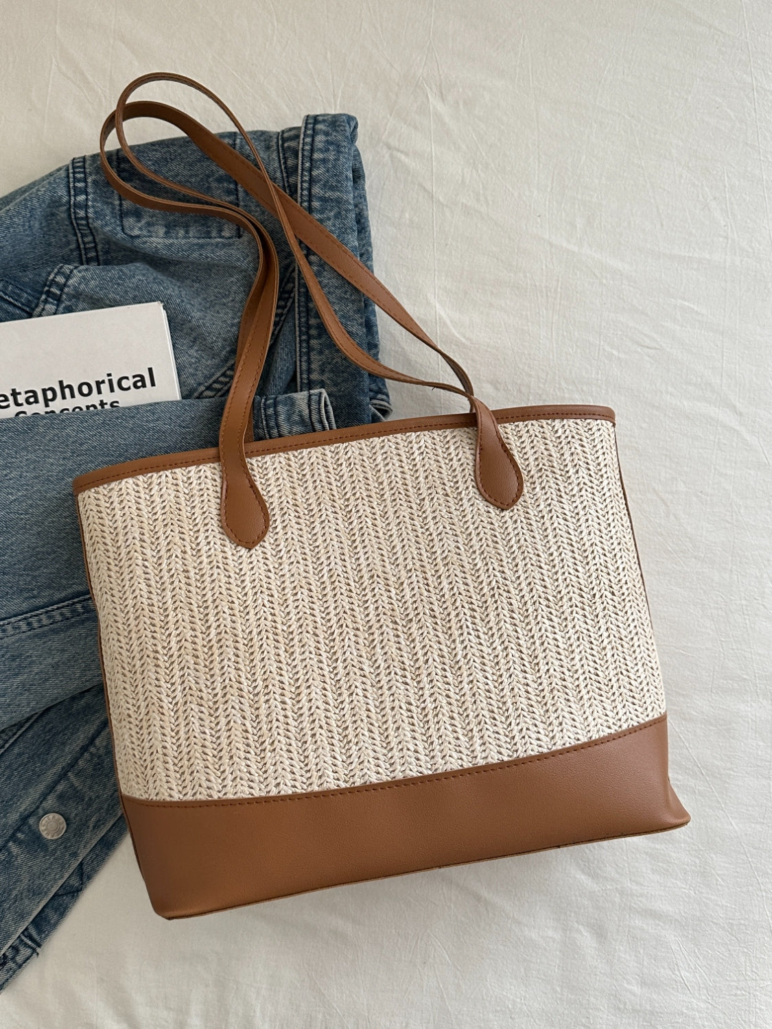 Contrast Straw Woven Tote Bag