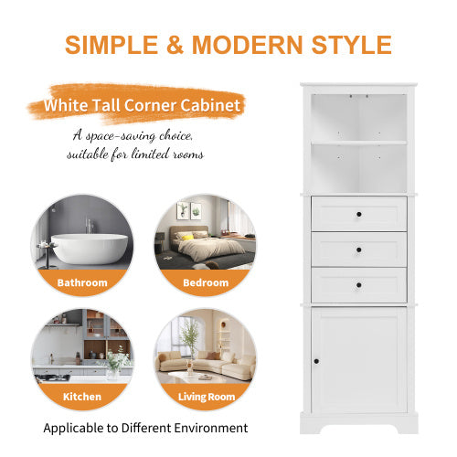 White Triangular Tall Cabinet With 3 Drawers And Adjustable Shelves For Bathroom, Kitchen Or Living Room