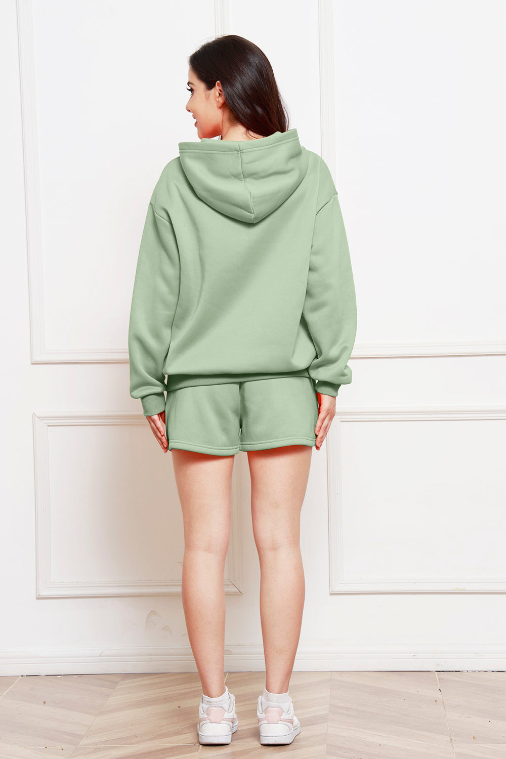 Drop Shoulder Long Sleeve Hoodie and Shorts Set