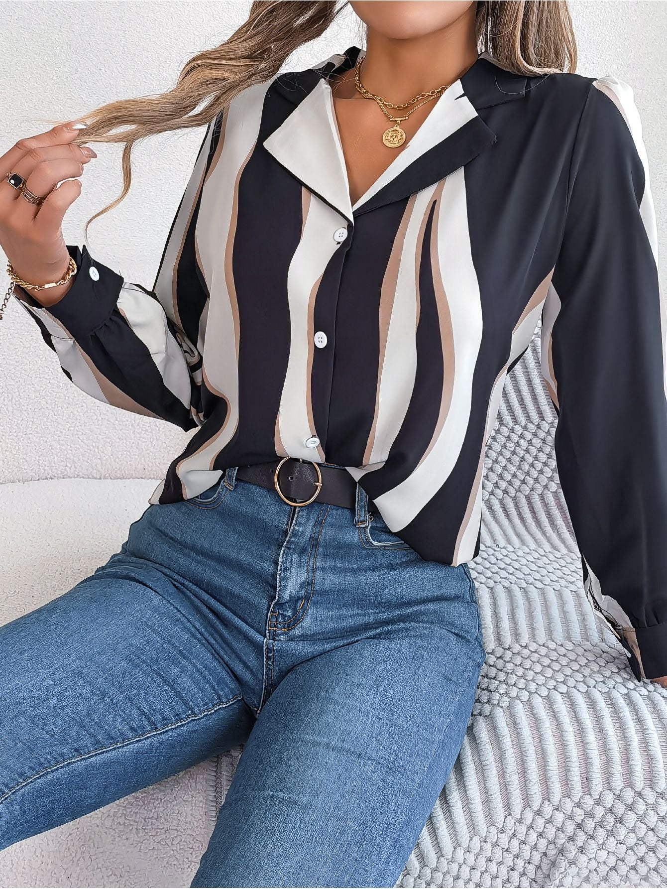 Casual Versatile Contrasting Striped Long Sleeved Shirt