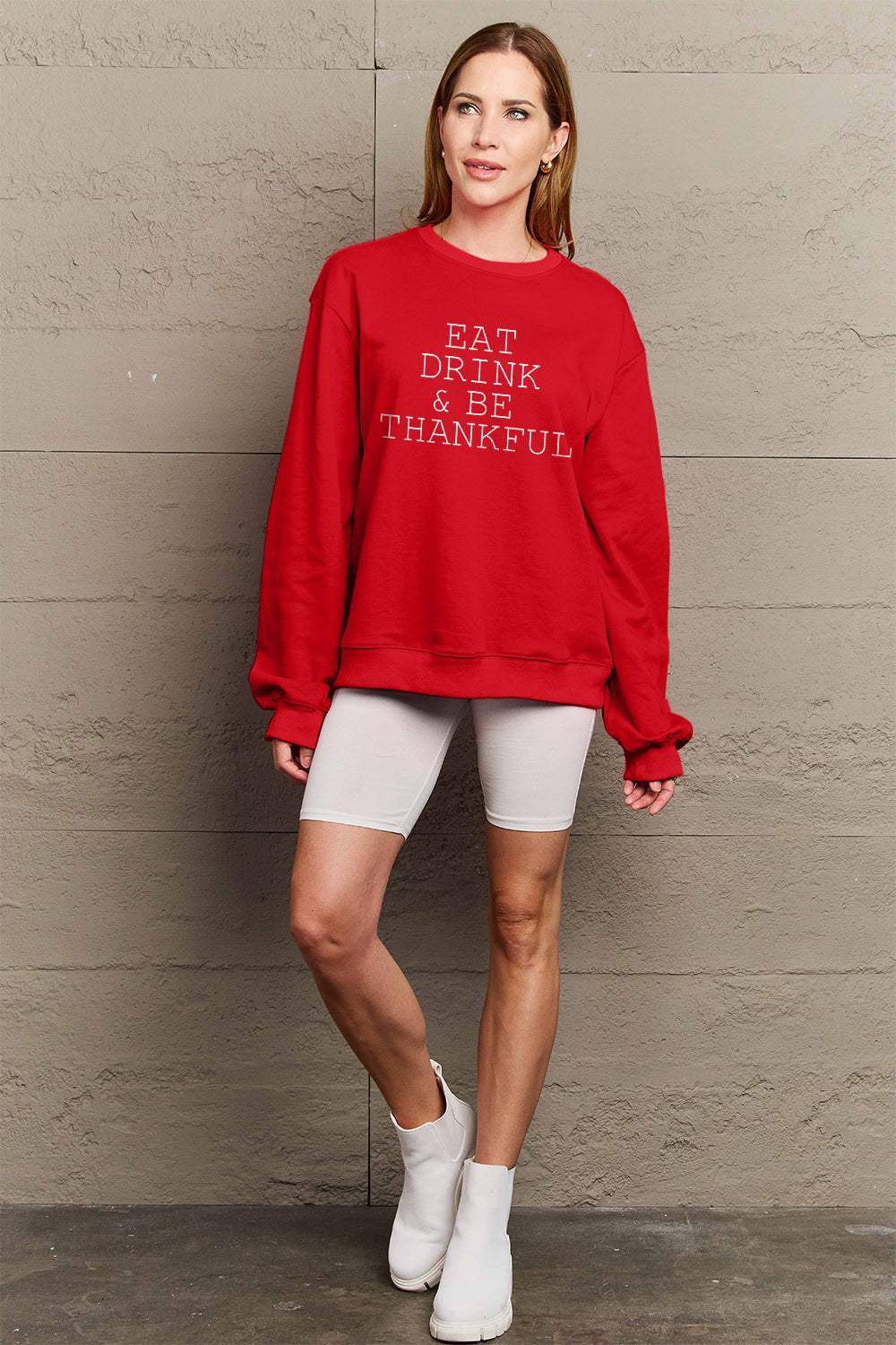 Simply Love Full Size EAT DRINK & BE THANKFUL Round Neck Sweatshirt