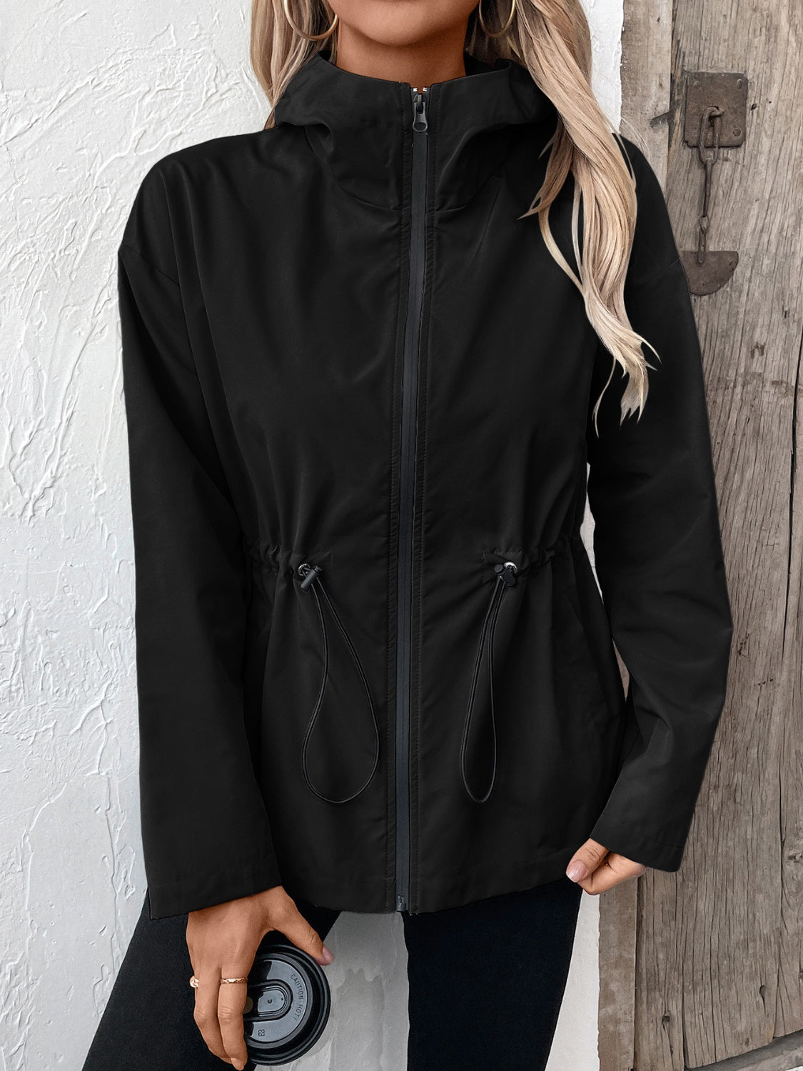 Drawstring Zip Up Hooded Jacket