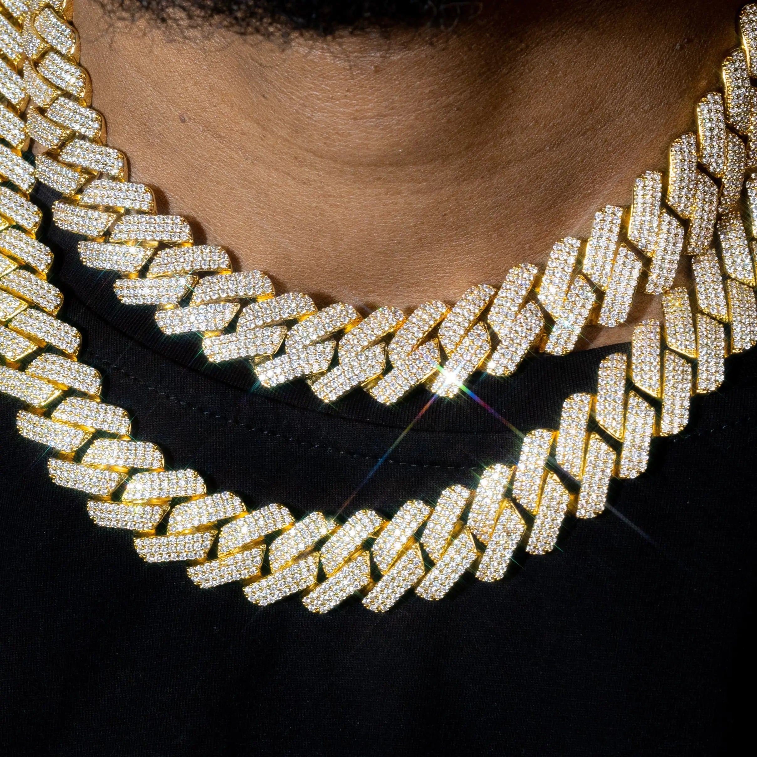 Gold Three-Row Diamond Cuban Link Chain