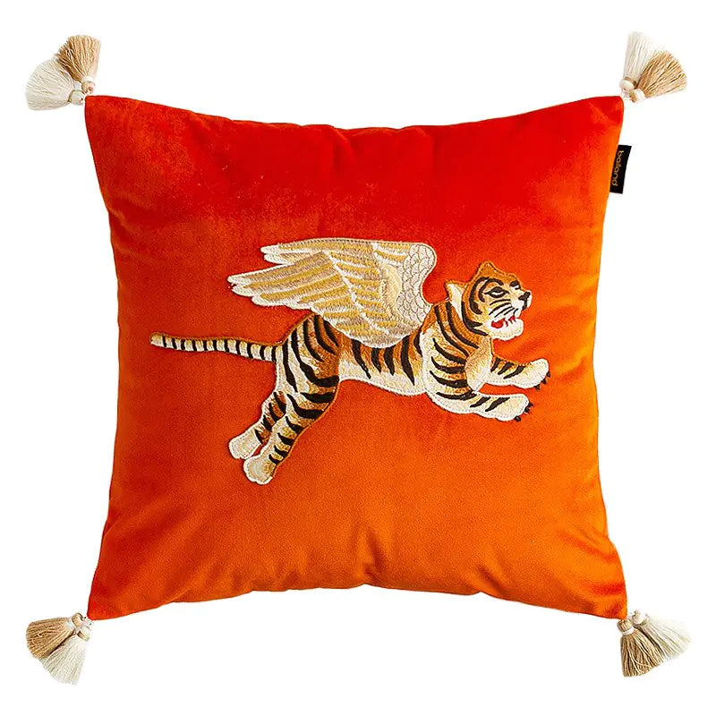 Retro Velvet Flying Tiger Embroidery Cushion Cover