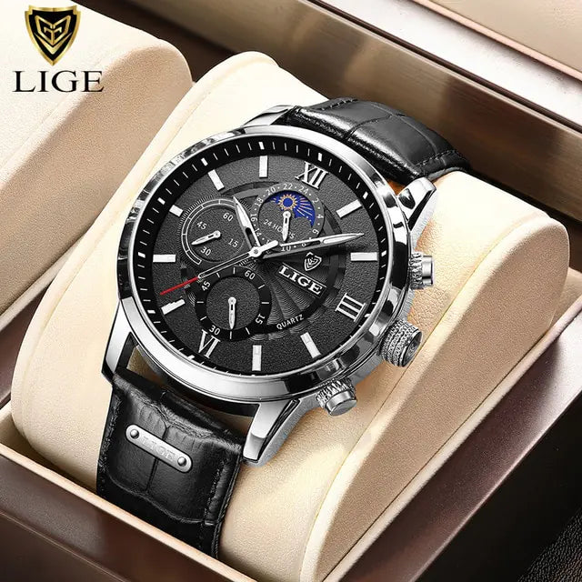 LIGE-relojes de cuarzo informales para hombre, pulsera de cuero de lujo, marca superior, novedad de 2023