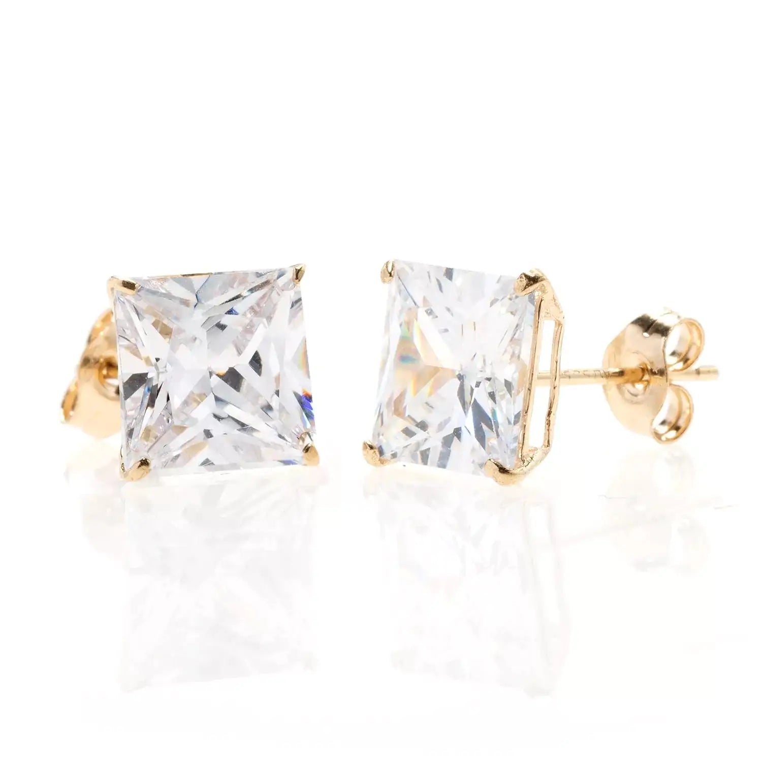 14K Yellow Gold Square Basket Setting Simulated Diamond Stud Earrings