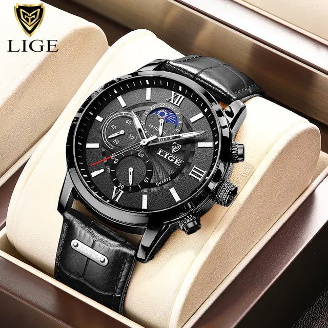 LIGE-relojes de cuarzo informales para hombre, pulsera de cuero de lujo, marca superior, novedad de 2023