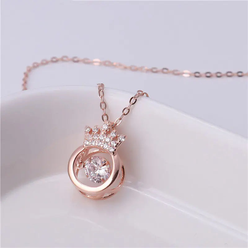 Rose-Gold Alloy Crown Throbbing Zircon Necklace