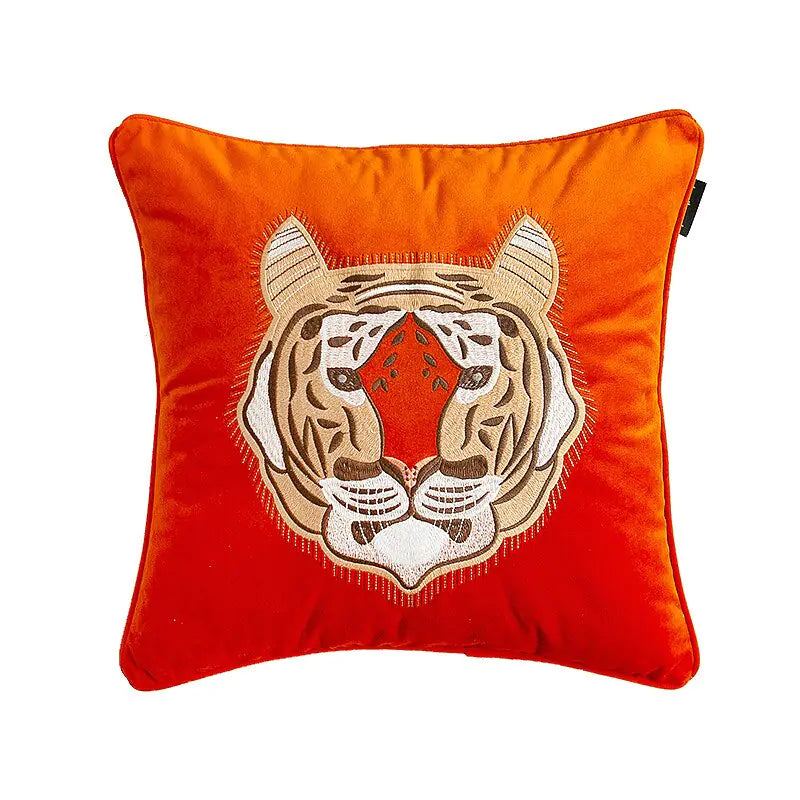 Retro Velvet Flying Tiger Embroidery Cushion Cover