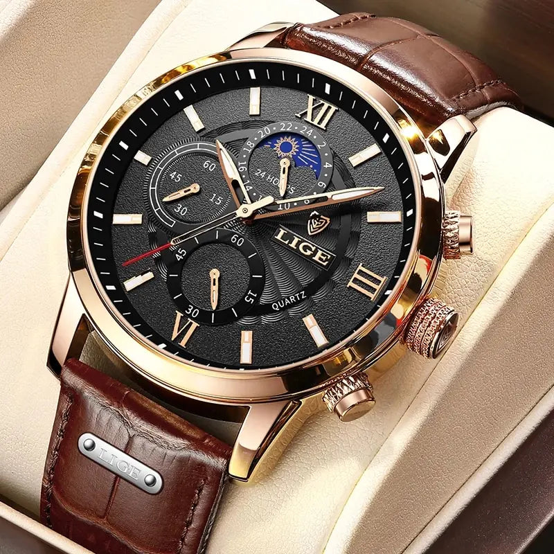 LIGE-relojes de cuarzo informales para hombre, pulsera de cuero de lujo, marca superior, novedad de 2023