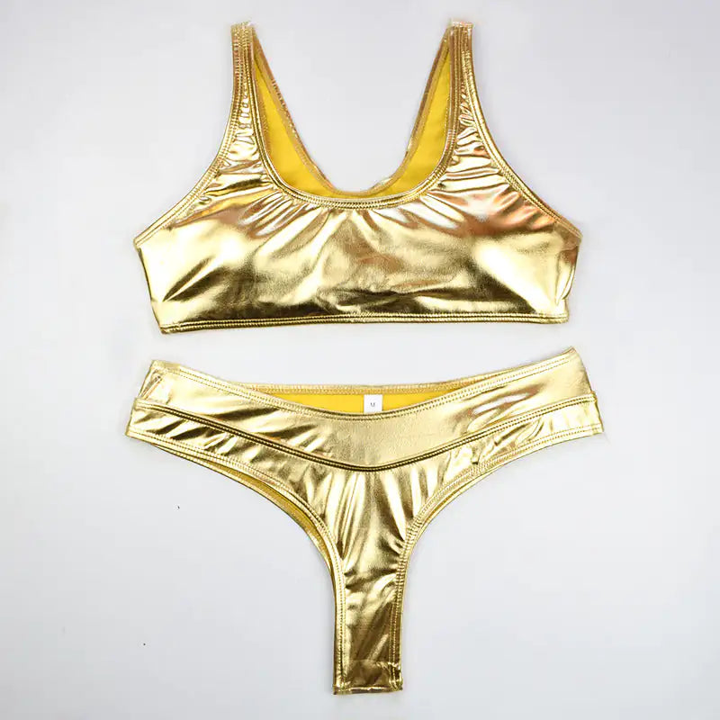 Sexy Shiny Gold/Silver Metallic Leather Swimsuit