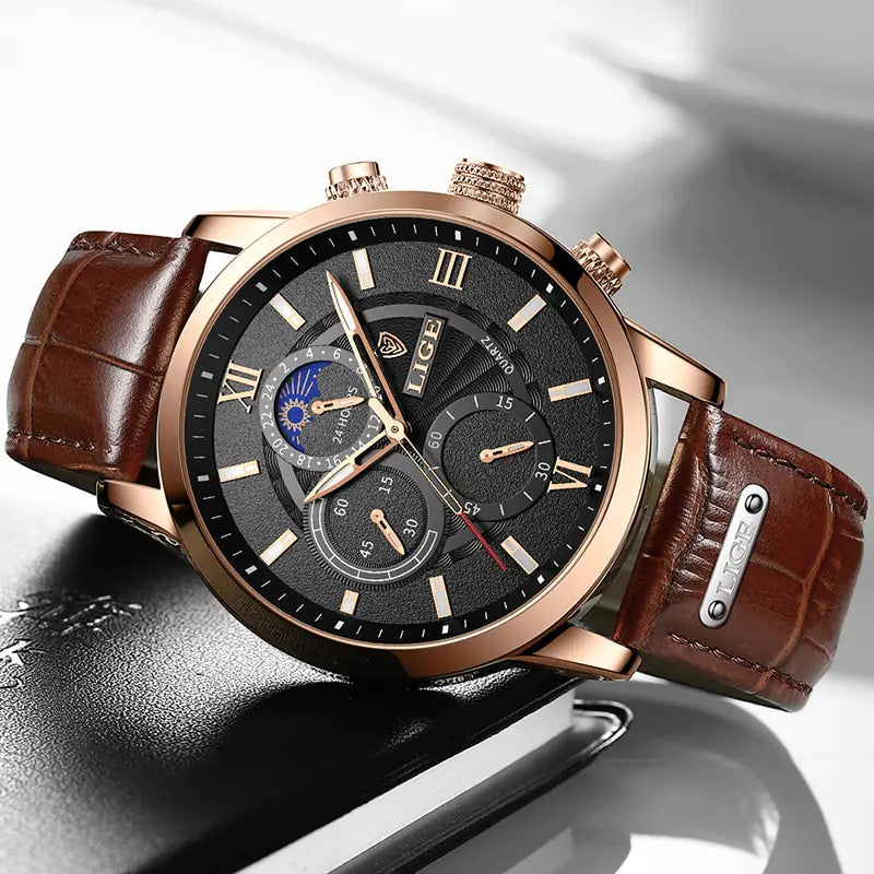 LIGE-relojes de cuarzo informales para hombre, pulsera de cuero de lujo, marca superior, novedad de 2023