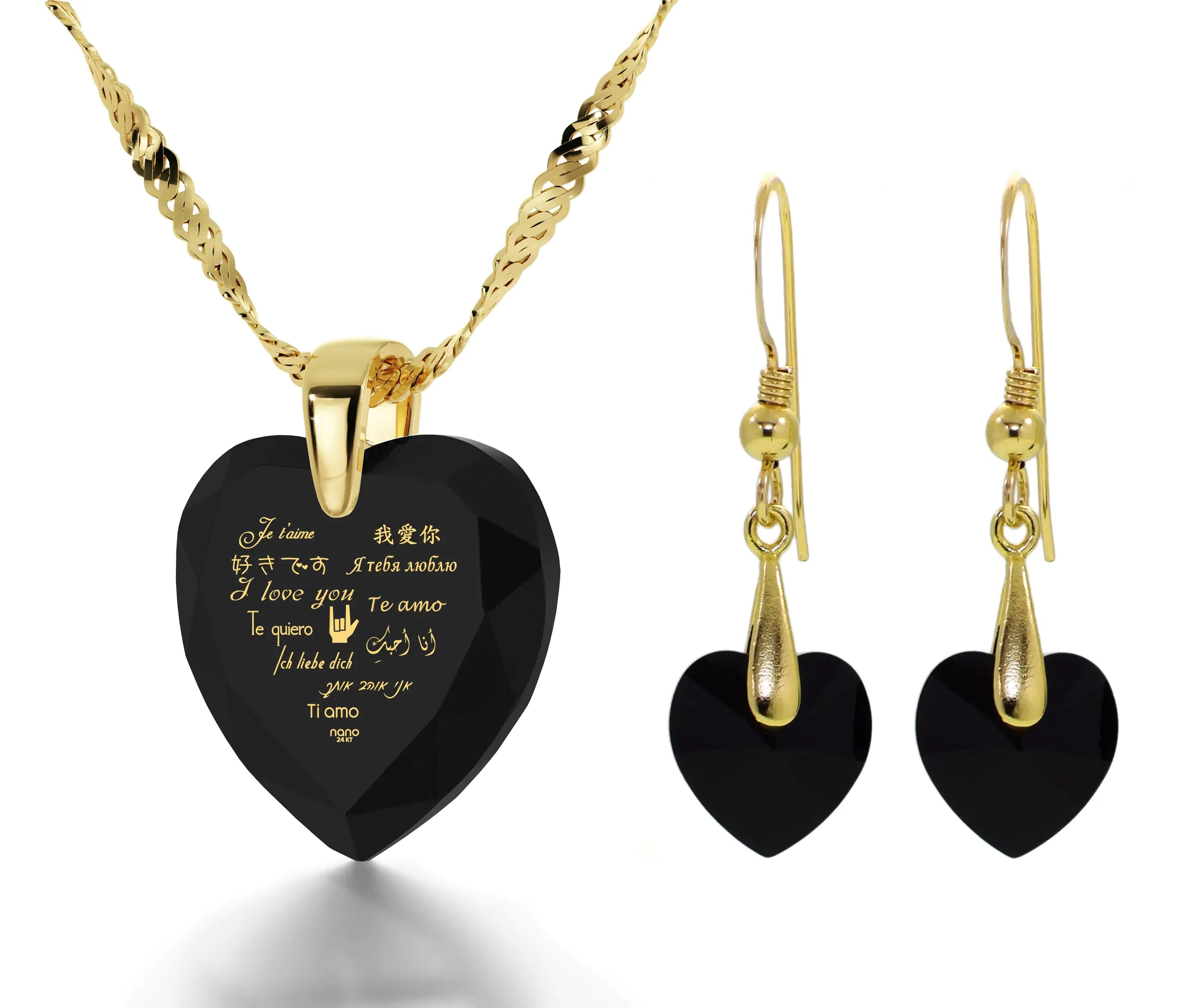 Gold Plated Silver I Love You Necklace 12 Languages Gold Inscribed and Crystal Earrings Heart Jewelry Set