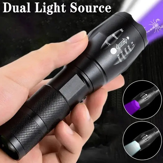 Purple White Dual Light Flashlight LED Ultraviolet Torch Zoom Retractable