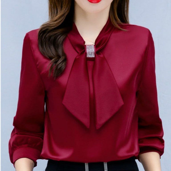 Satin V-Neck Business Temperament Shirt Long Sleeve Bow Solid Color Bow Diamond Top