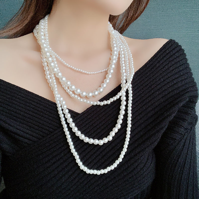 Women's Multi-layer Glass Pearl Necklace Long Sweater Chain Cheongsam Decoration Classic Style