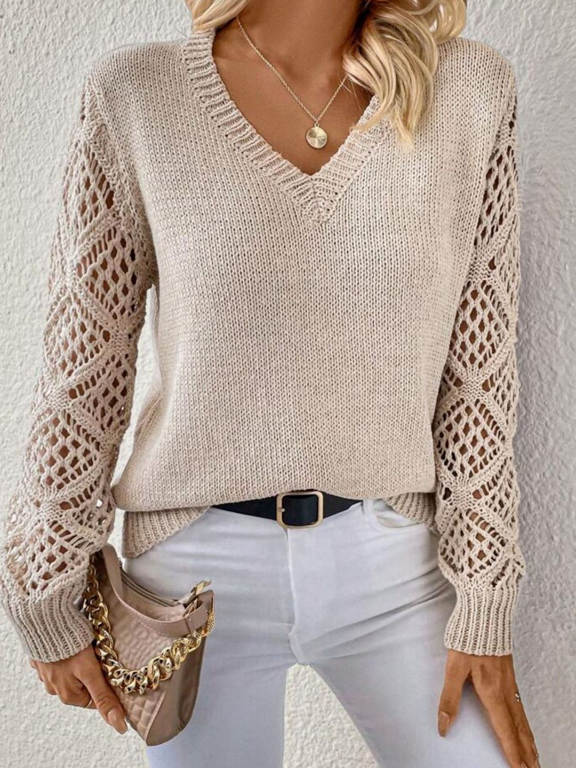 Openwork V-Neck Long Sleeve Sweater