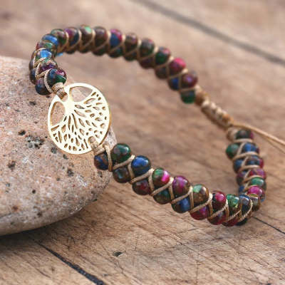 Natural AFRICAN TURQUOISE Stone Multi Layer Handmade Bracelet Double Row Beads 4mm Round Beads Tree Of Life Adjusting Bracelet