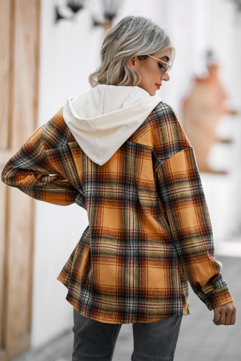 Drawstring Plaid Long Sleeve Hooded Shacket