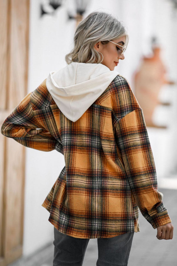 Drawstring Plaid Long Sleeve Hooded Shacket