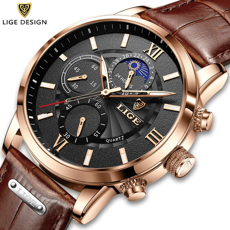 LIGE-relojes de cuarzo informales para hombre, pulsera de cuero de lujo, marca superior, novedad de 2023