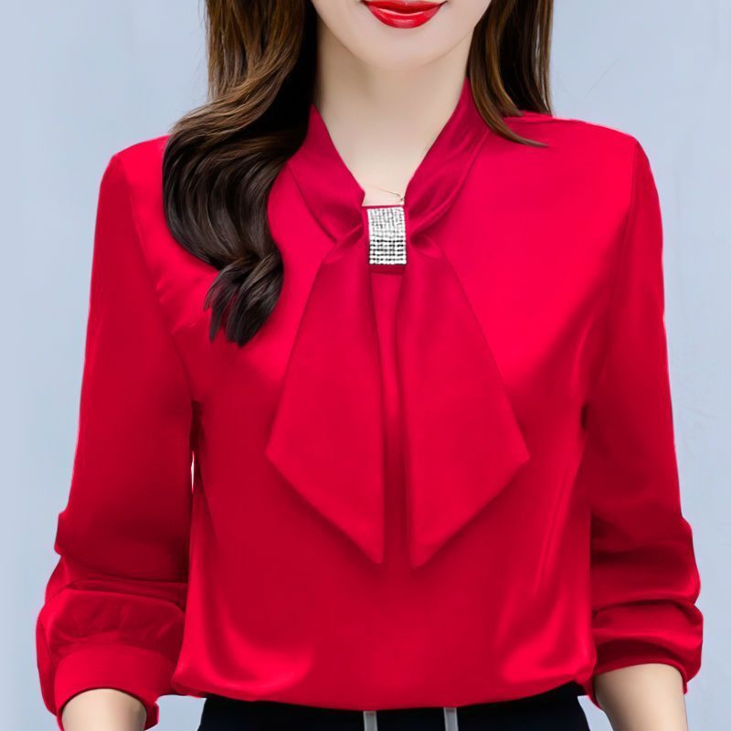 Satin V-Neck Business Temperament Shirt Long Sleeve Bow Solid Color Bow Diamond Top