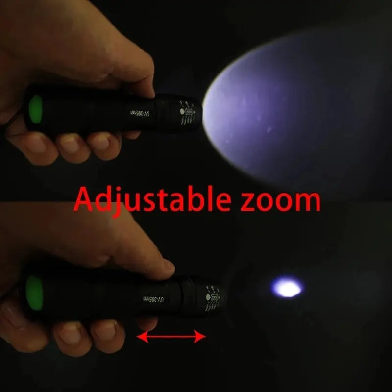 Purple White Dual Light Flashlight LED Ultraviolet Torch Zoom Retractable