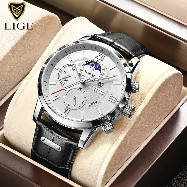 LIGE-relojes de cuarzo informales para hombre, pulsera de cuero de lujo, marca superior, novedad de 2023