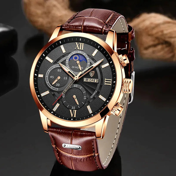 LIGE-relojes de cuarzo informales para hombre, pulsera de cuero de lujo, marca superior, novedad de 2023