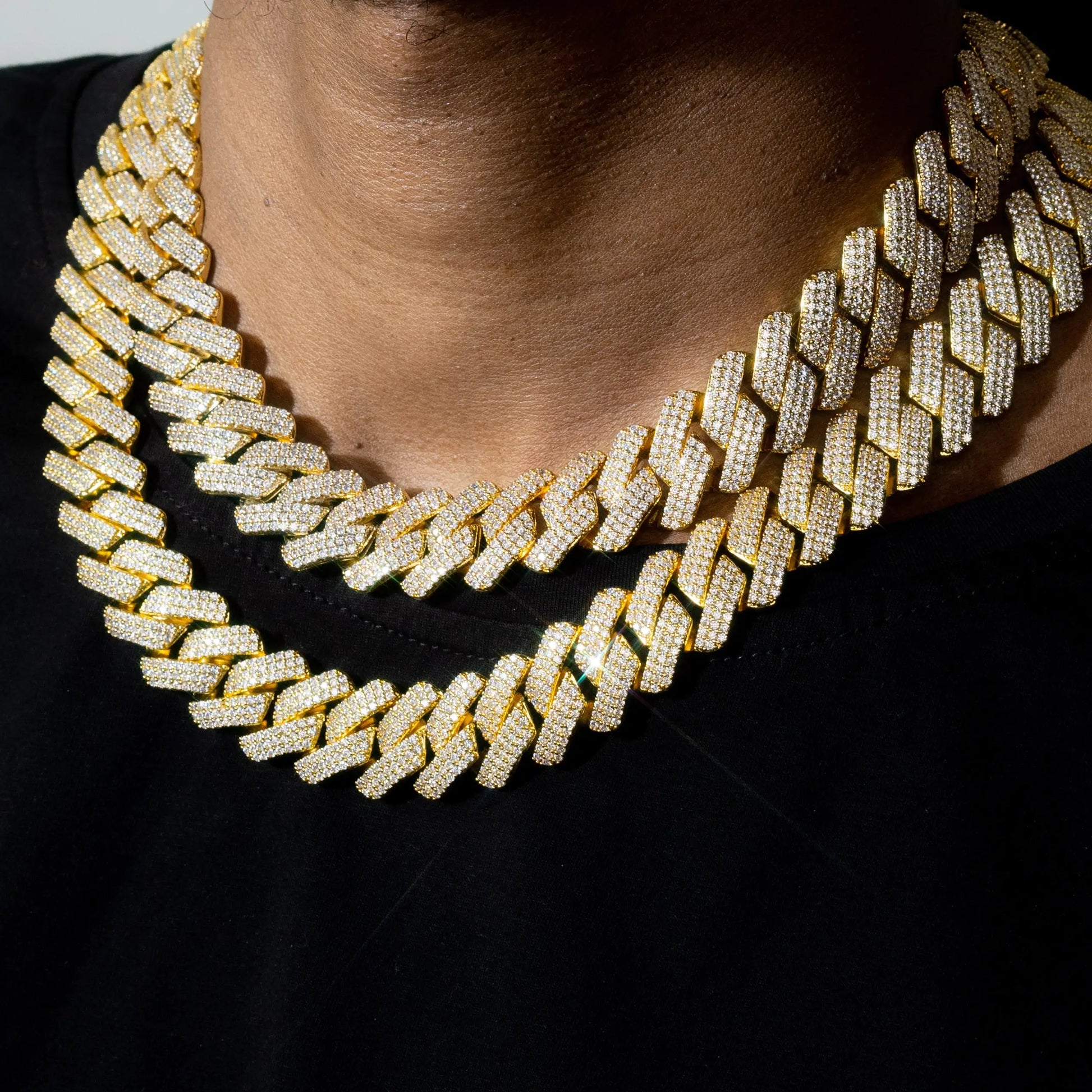 Gold Three-Row Diamond Cuban Link Chain