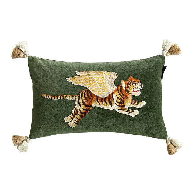 Retro Velvet Flying Tiger Embroidery Cushion Cover