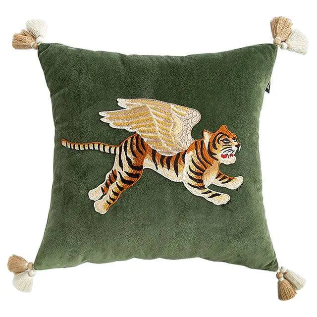 Retro Velvet Flying Tiger Embroidery Cushion Cover